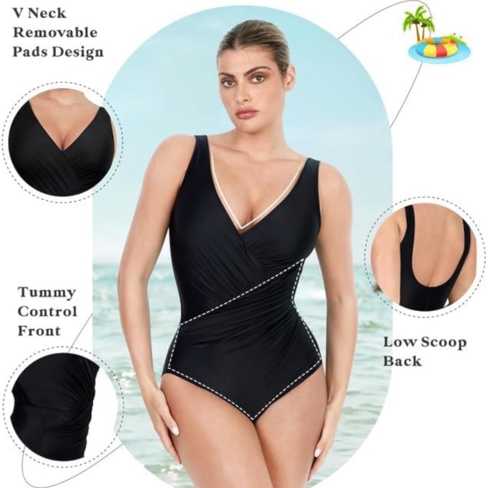 🚘POPILUSH The Shapewear One Piece Swimsuits Padded Push-Up Ruched V Neck tummy - Picture 7 of 16